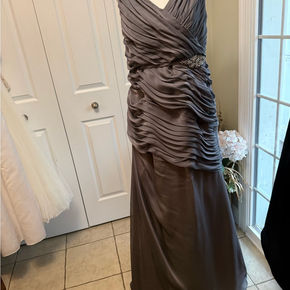 Bari Jay Ruched Satin Maxi Dress in Taupe